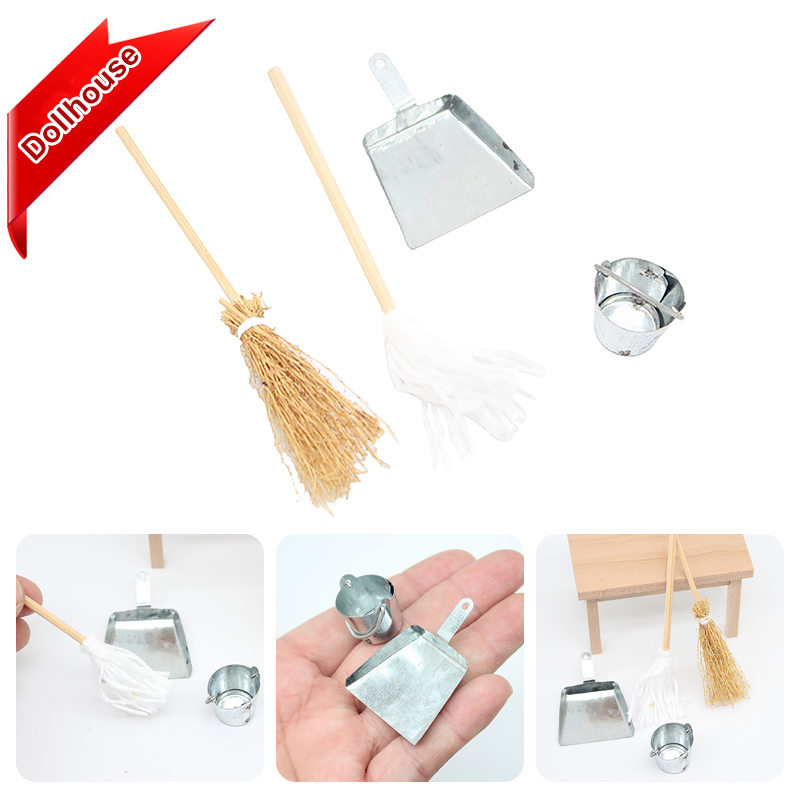Tech House Accessories - ชุดอุปกรณ์ทำความสะอาดบ้านตุ๊กตา 1/12 ไม้กวาด ที่โกยผง ถังโลหะ อุปกรณ์เสริมตกแต่งบ้านตุ๊กตา