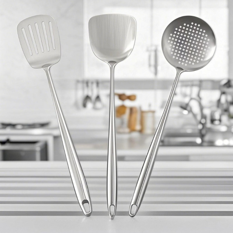 Hi Tech Kitchen Accessories - ตะหลิวสแตนเลสสำหรับทำอาหาร อุปกรณ์ครัวโลหะ ตะหลิวมีรู ทัพพี ช้อน ชุดอุปกรณ์ทำอาหาร