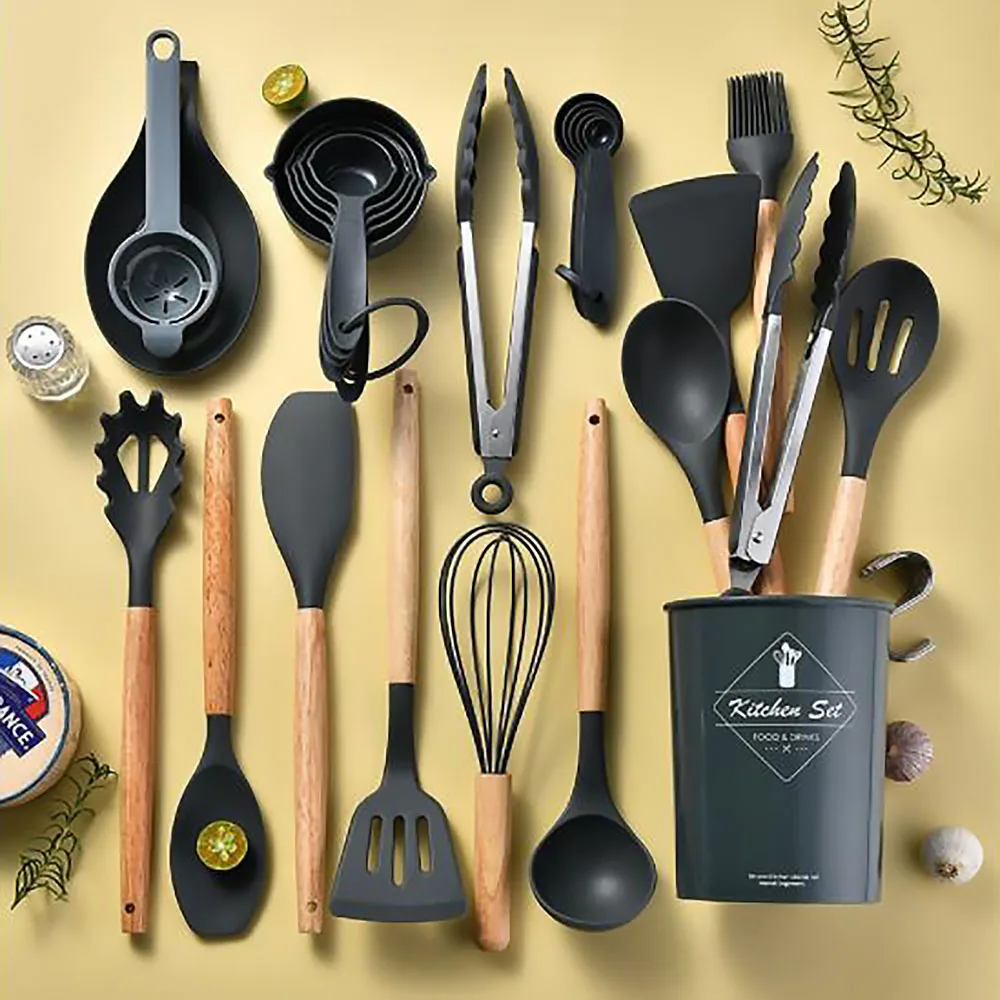 Hi Tech Kitchen Accessories - 34ชิ้นชุดเครื่องครัวซิลิโคนสีดำเครื่องครัวไม่ติดด้ามไม้พายที่ตีไข่เครื่องครัวเครื่องครัวเครื่องครัวเครื่องครัว